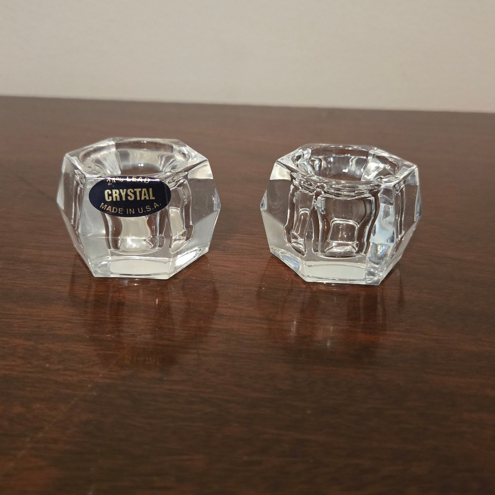 Vintage 24% Lead Crystal Hexagon Taper Candle Holders Set of 2 Made in USA Clear